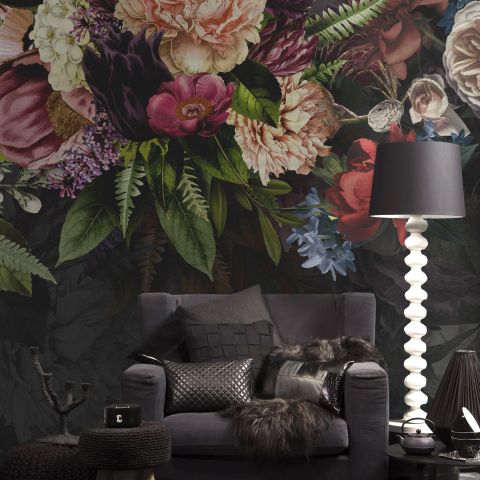 Dark Vine Floral and Peony Blossom Wallpaper Mural