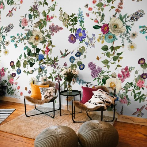 Botanical Flowers Floral with Birds Wallpaper Mural