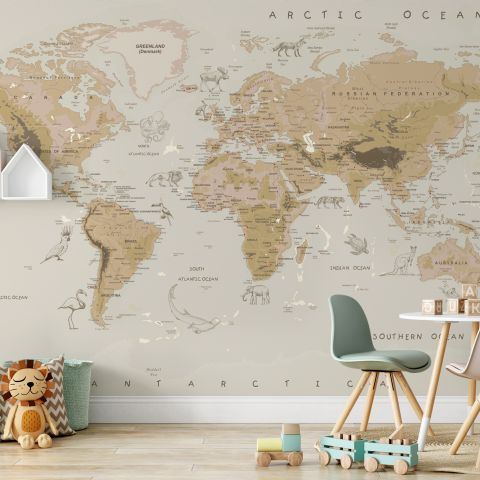 Kids Brown Political World Map with Animals Wallpaper Mural