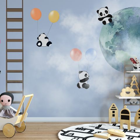 Cartoon Pandas in the Sky Wallpaper Mural