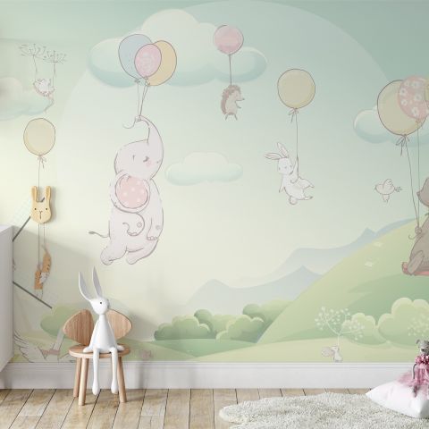 Animals Flying with Balloon Wallpaper Mural