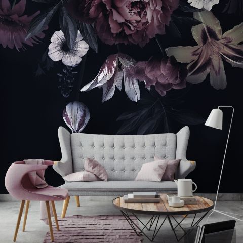Dark Floral Claret Peony Floral Wallpaper Mural