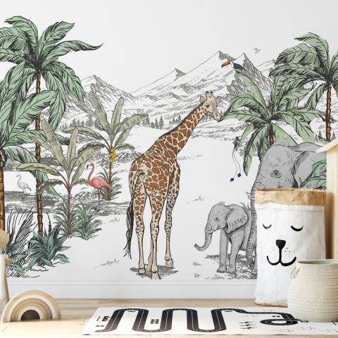 Kids Tropical Animals with Mountain Wallpaper Mural