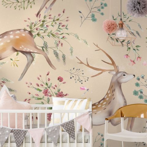 Nursery Vintage Floral with Deer Wallpaper Mural