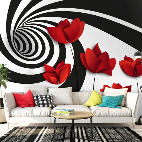 Red Poppy Floral with Abstract Fractal Wallpaper Mural