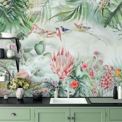 Colorful Tropical Exotic Cactus Floral with Little Birds Wallpaper Mural