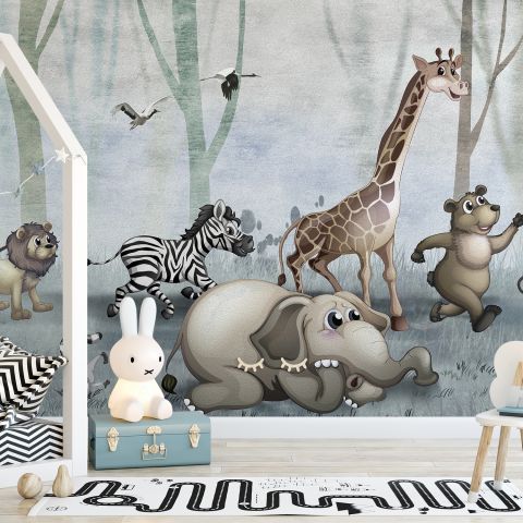 Cartoon Wild Animals and Forest Wallpaper Mural