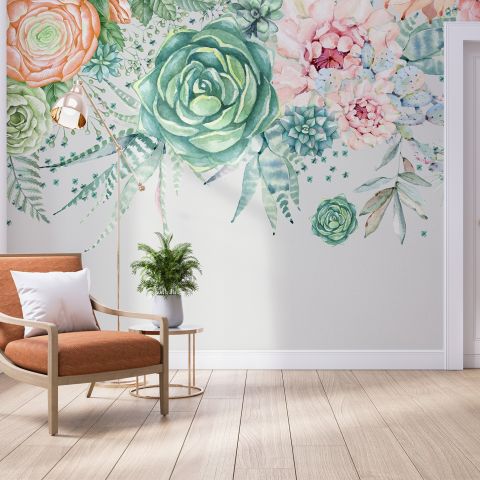 Nostalgic Soft Green Vine Floral Art Wallpaper Mural