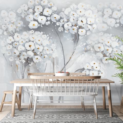 Watercolor Painting White Flowers Wallpaper Mural