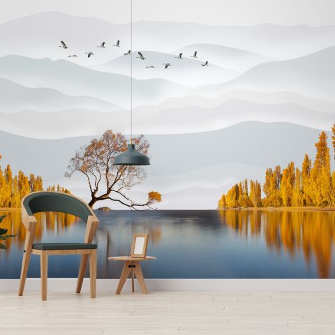 River Landscape and Yellow Autumn Trees Wallpaper Mural