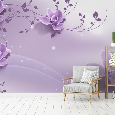 3D Look Purple Flowers Wallpaper Mural