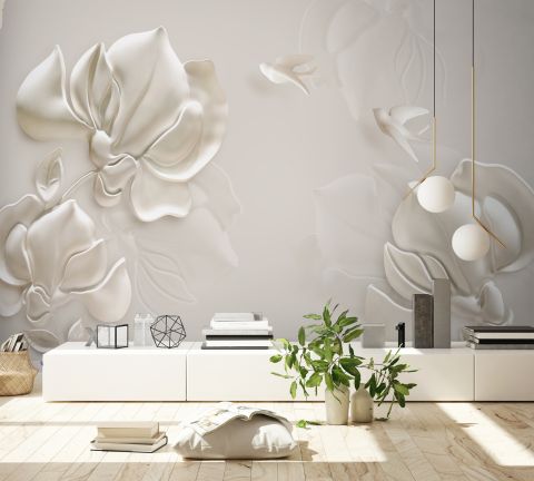 3D Embossed Look Magnolia Floral Art Wallpaper Mural