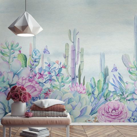 Vintage Hydrangea Flowers and Cactuses Wallpaper Mural