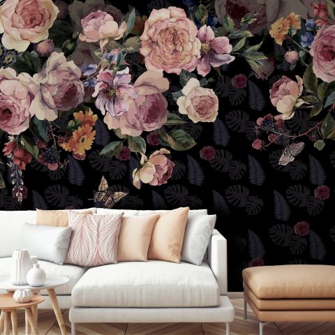 Vintage Dark Pink Flowers Wallpaper Mural