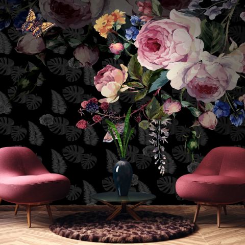 Dark Pink Flowers and Yellow Butterfly Wallpaper Mural