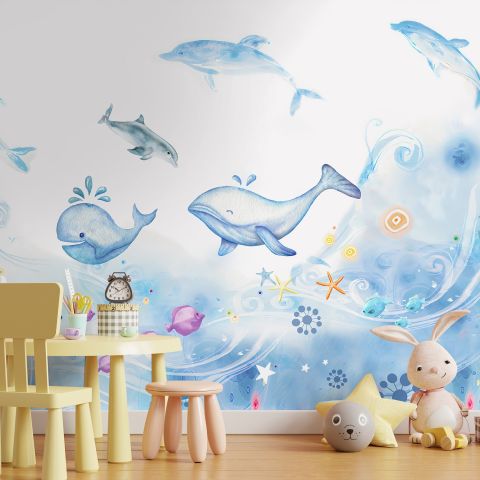 Cartoon Undersea and Whales Wallpaper Mural
