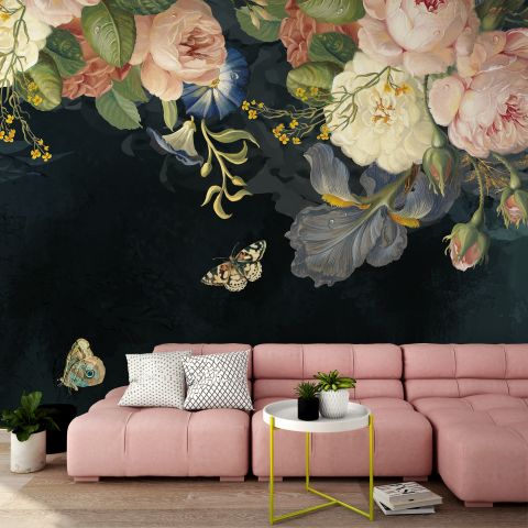 Vintage Oil Painting Dark Roses Wallpaper Mural