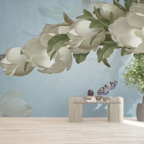 Gardenia Floral and Butterfly Wallpaper Mural