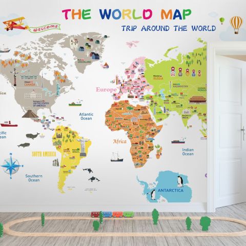 Colorful Kids Map with Historical Place Wallpaper Mural