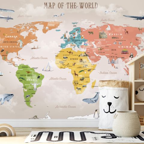 Colorful Kids World Map Wallpaper Mural