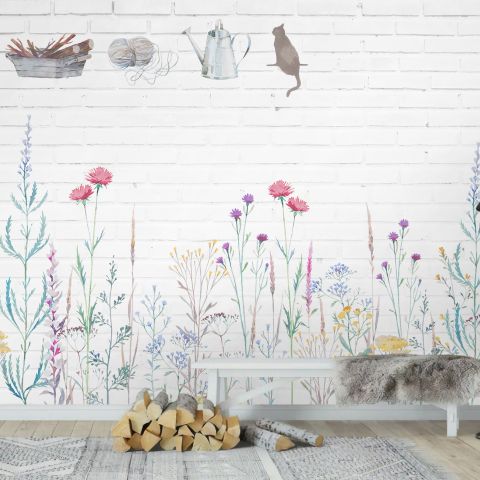 Watercolor Colorful Floral with White Brick Wall Wallpaper Mural