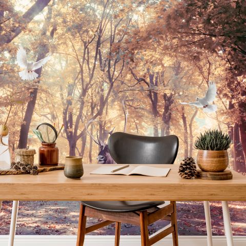 Watercolor Forest and Elk Wallpaper Mural