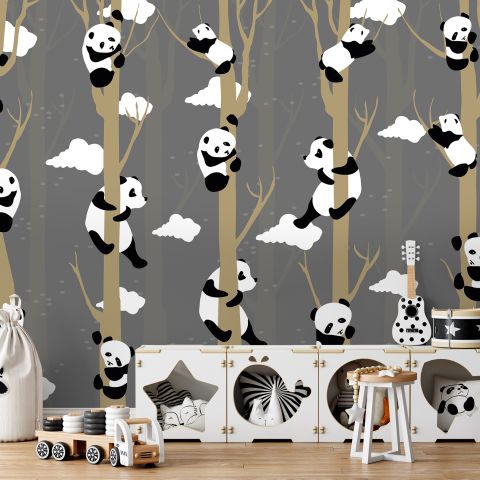 Cartoon Pandas with Tree Branches Wallpaper Mural