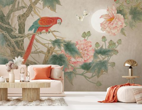 Nostalgic Peony Blossom and Parrot Wallpaper Mural