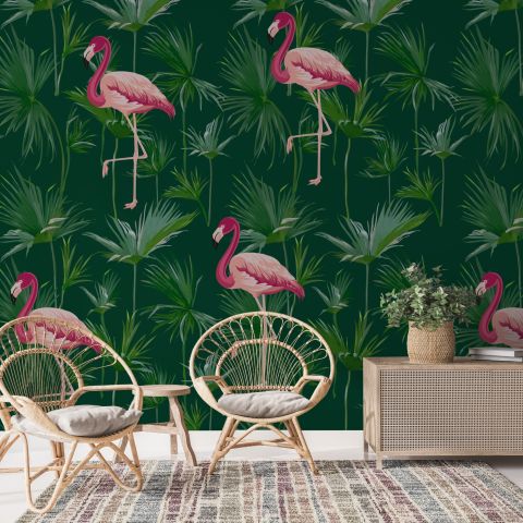Pink Flamingo in the Tropical Forest Wallpaper Mural