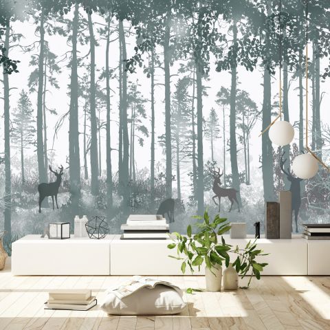 Dark Misty Forest with Horned Deer Wallpaper Mural