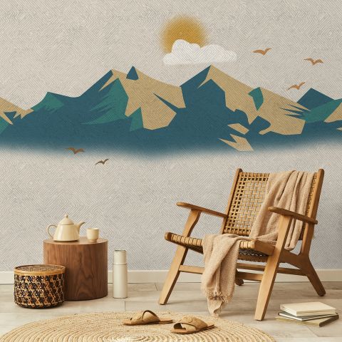 Mountain Sunrise Landscape and Old Plaid Texture Wallpaper Mural