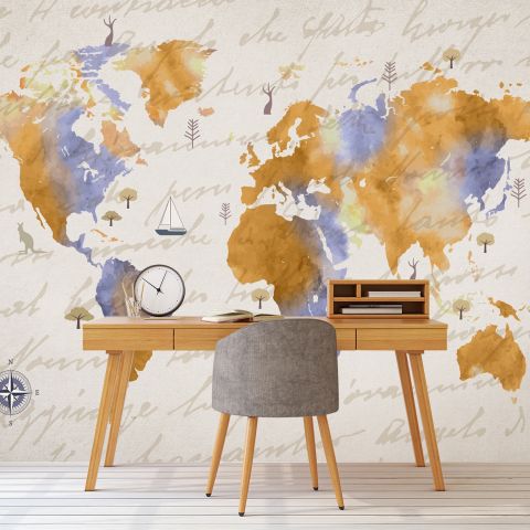 Orange World Map Wallpaper Mural