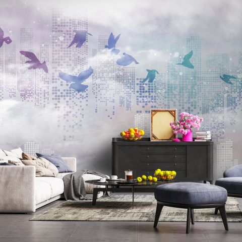 Abstract City with Purple Birds Wallpaper Mural