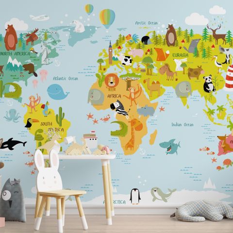Kids World Map with Animals Wallpaper Mural