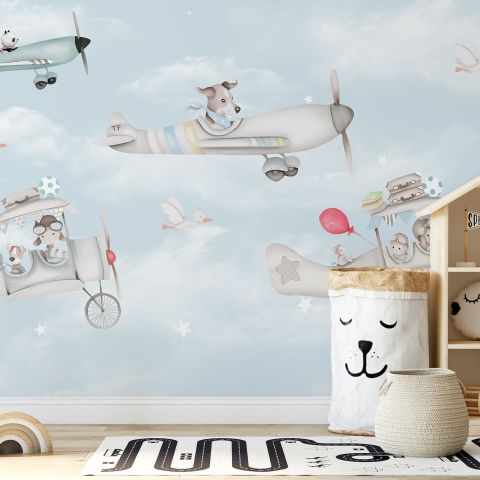 Cartoon Aircraft wih Cute Animal Wallpaper Mural