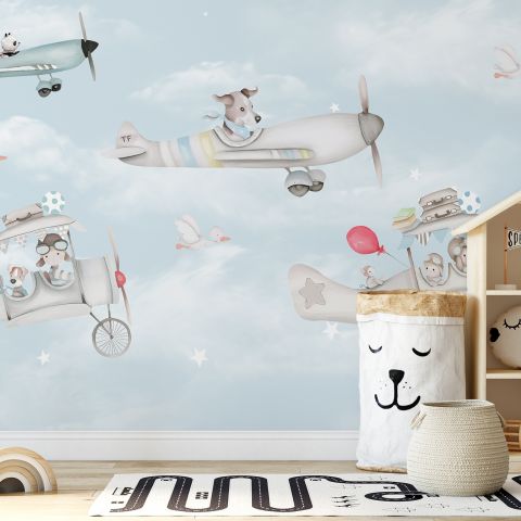 Cute Flying Panda & Animals Kids Nursery Wallpaper Mural • Wallmur®