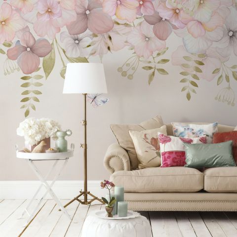 Pink Hydrangea Floral Art Wallpaper Mural