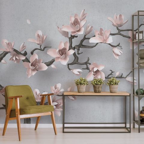 3D Look Pink Magnolia Blossom Wallpaper Mural