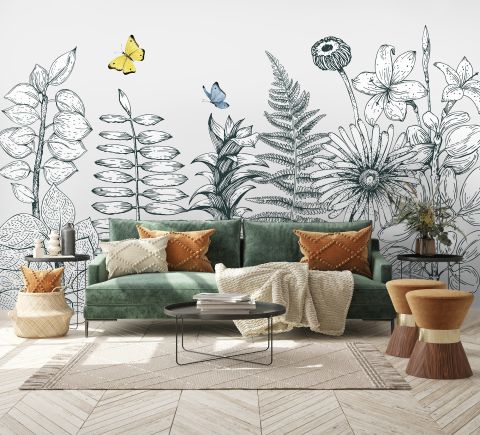 Charcoal Leaf and Flower Wallpaper Mural