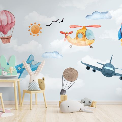 Cartoon Aircraft and Pink Hot Air Balloon Wallpaper Mural