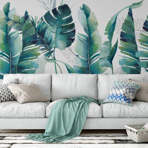Monochrome Green Banana Leaf Wallpaper Mural