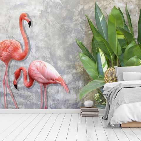 3D Look Pink Flamingo with Tropical Leaves Wallpaper Mural
