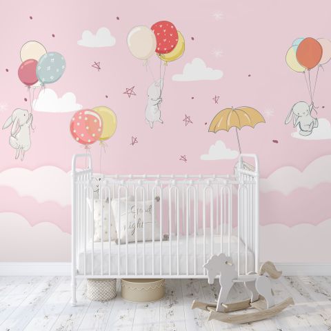 Rabbits with Air Balloon Wallpaper Mural