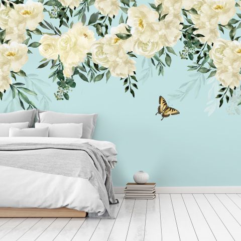 White Flowers and Yellow Butterfly Wallpaper Mural