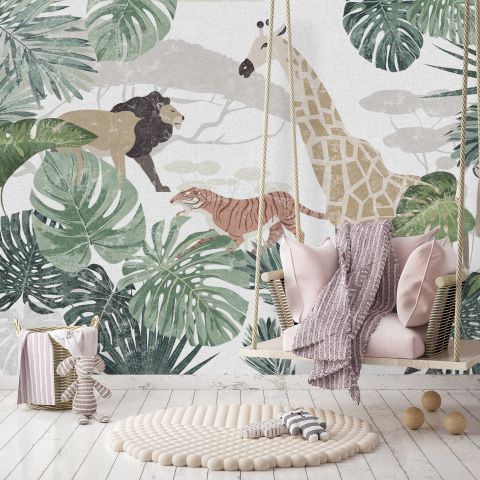Retro Wild Animals with Tropical Leaves Wallpaper Mural