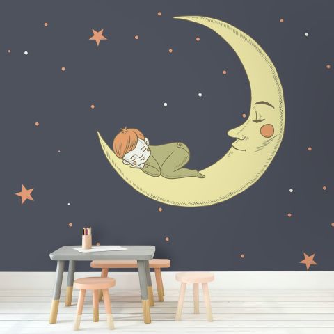 Cartoon Moon with Little Child and Night Sky Wallpaper Mural