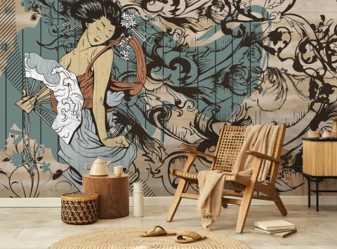 Retro Japanese Artistic Girl Wallpaper Mural