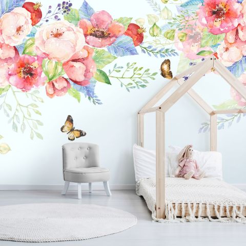 Pink Boho Vine Florals Wallpaper Mural