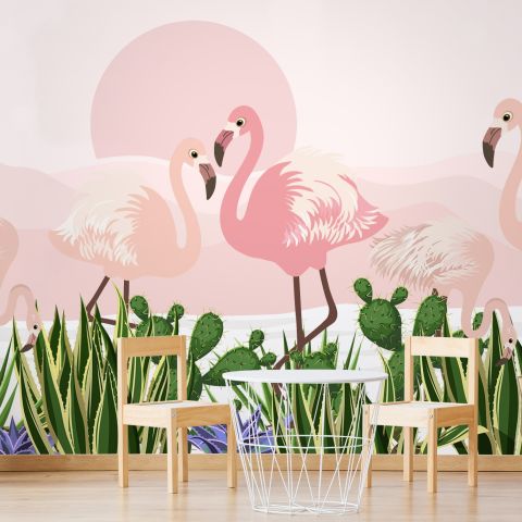 Flamingo with Cactus Wallpaper Mural