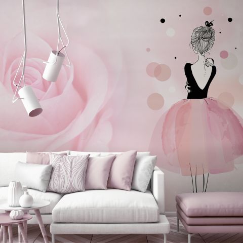 Ballerina Girl and Pink Roses Wallpaper Mural
